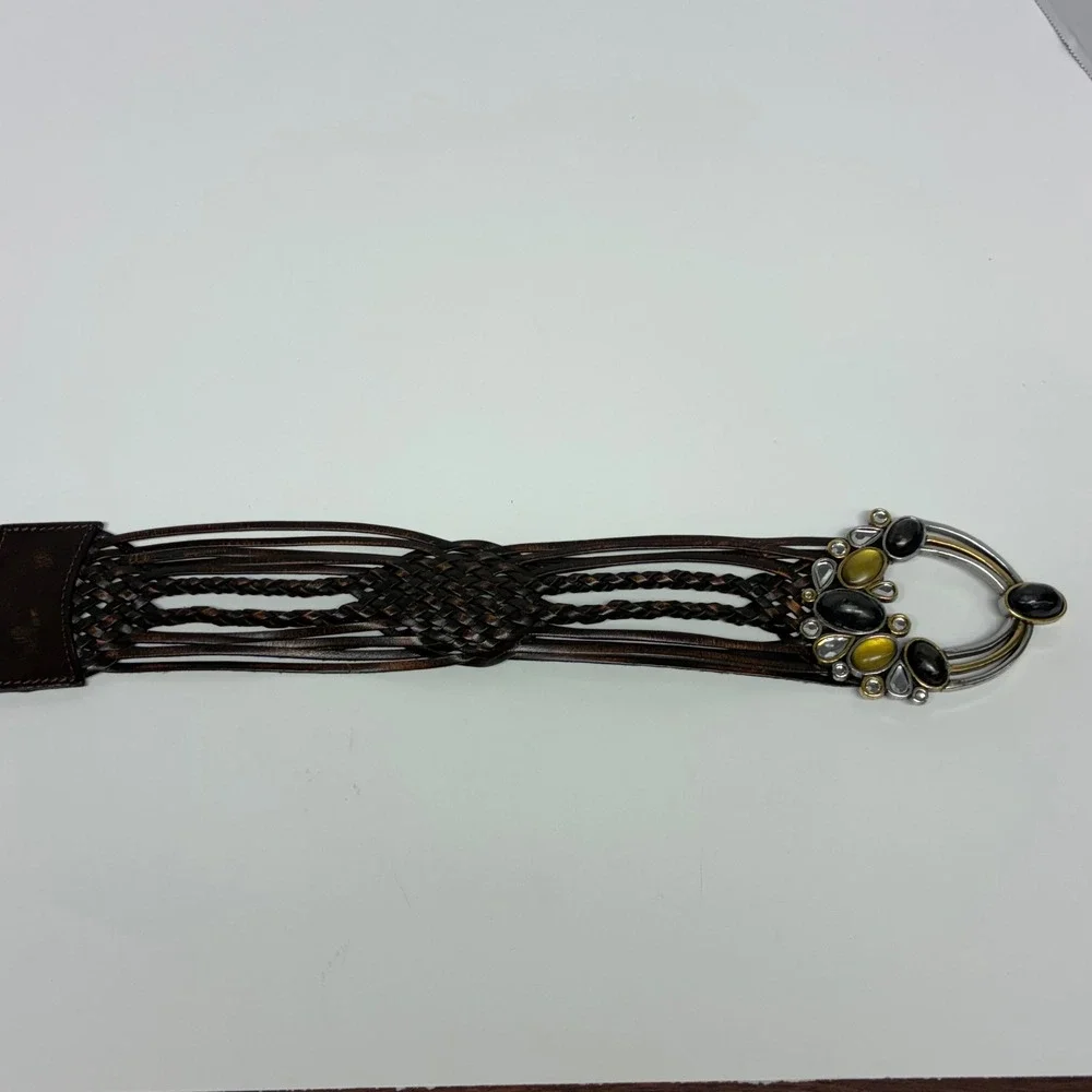 Vintage Chico's Braided‎ Brown Leather Belt Amber Black Cabochon Boho Statement
